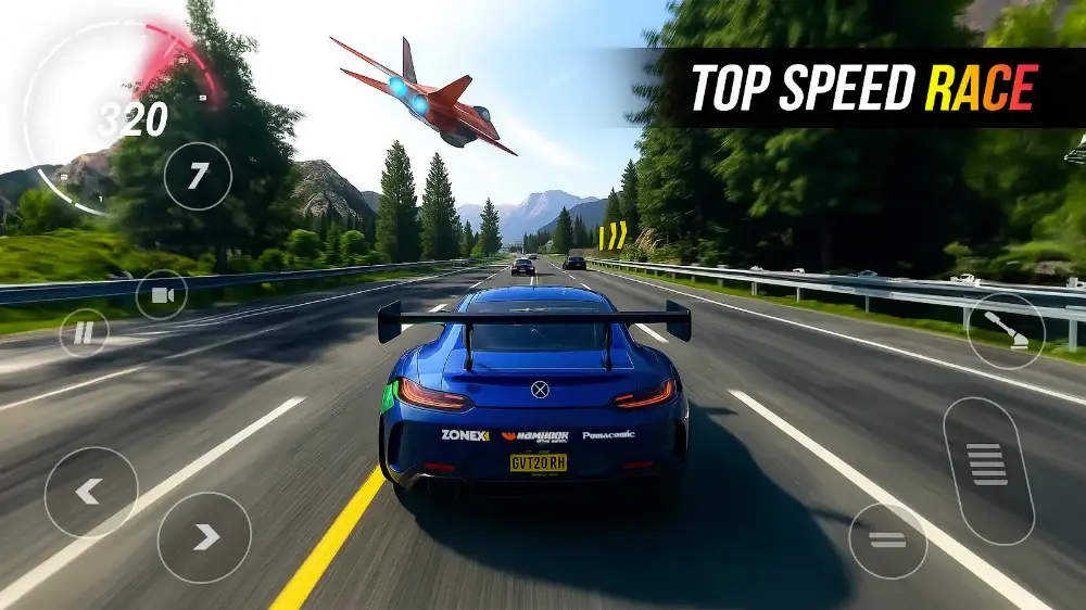 Pohled zezadu na sportovní vůz na horské silnici ve hře Rally Horizon